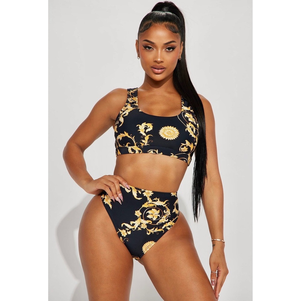 NWT Black Gold Baroque Bikini Set High Waisted Two Piece Swimsuit Sexy S/O on FN